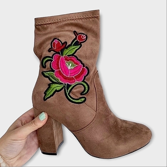 FLORAL Embellished Suede Ankle Boots - Picture 1 of 6